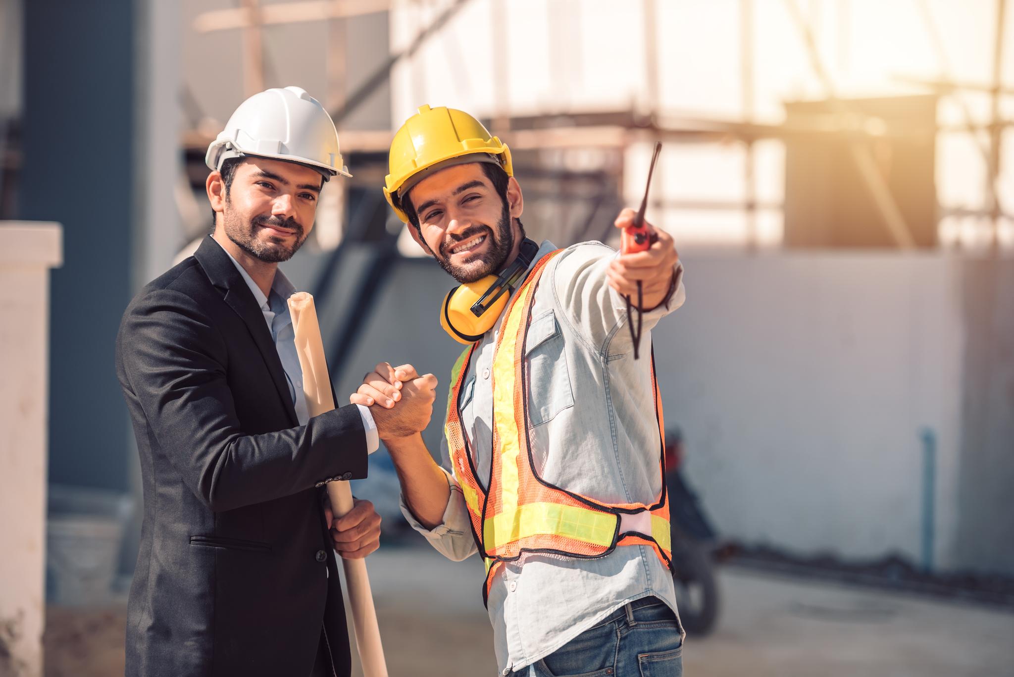 Construction team reviewing plans